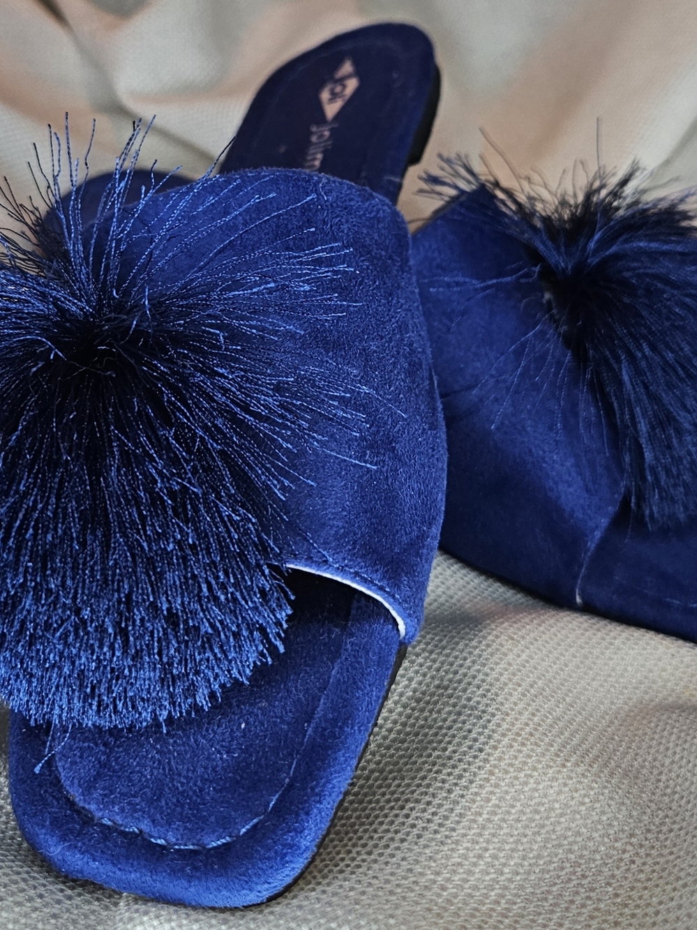 Jolimall Blue Pom Slide Sandals - Women's Fashion Slides - Picture 2 of 5